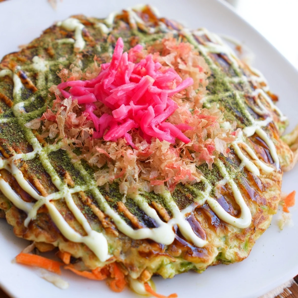 Fluffy Japanese Okonomiyaki Pancakes topped with drizzled sauce, creamy mayo, bonito flakes, and pickled ginger.