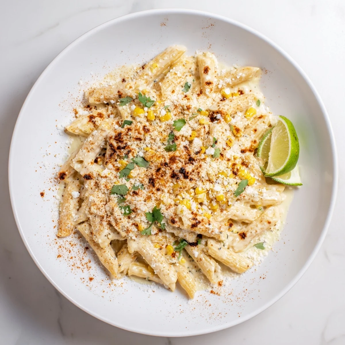 Creamy Mexican street corn pasta twirled on a fork with charred kernels, a sprinkle of chili powder, and bright lime zest.
