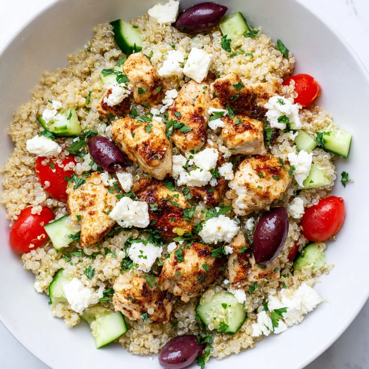 This fresh Mediterranean Chicken Bowl features tender chicken, briny Kalamata olives, creamy feta, and crisp veggies on a bed of fluffy quinoa.