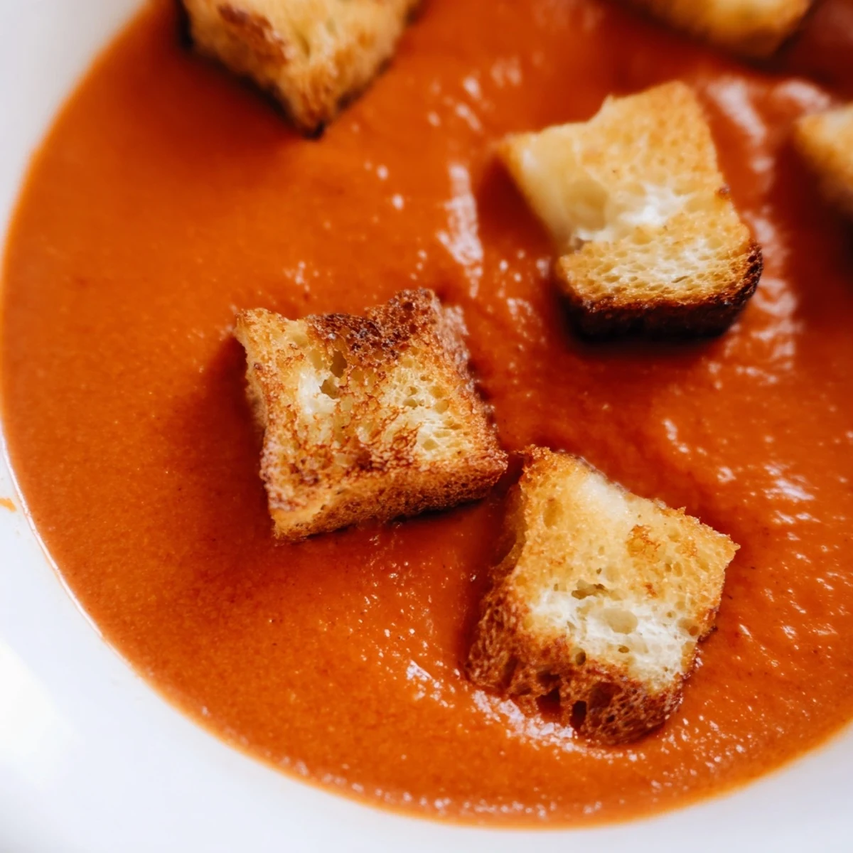Spoon dipping into a comforting bowl of Roasted Tomato Soup with Grilled Cheese Croutons, showcasing melted cheese.