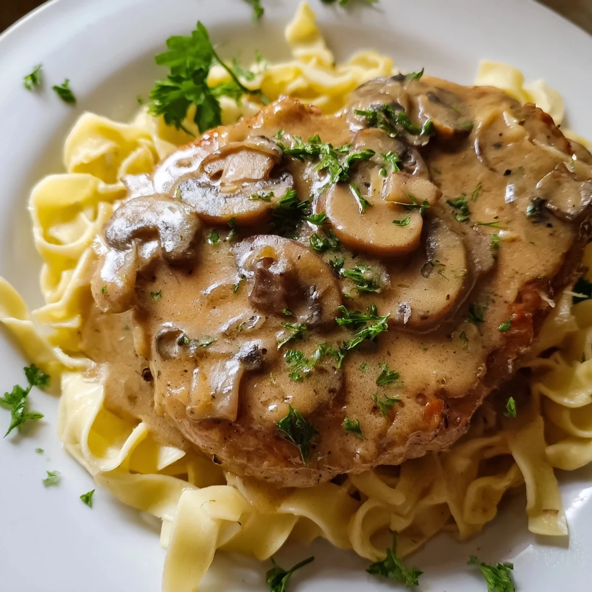 Golden-brown pan-seared chicken breasts smothered in a creamy Marsala mushroom sauce over fettuccine, garnished with fresh parsley.