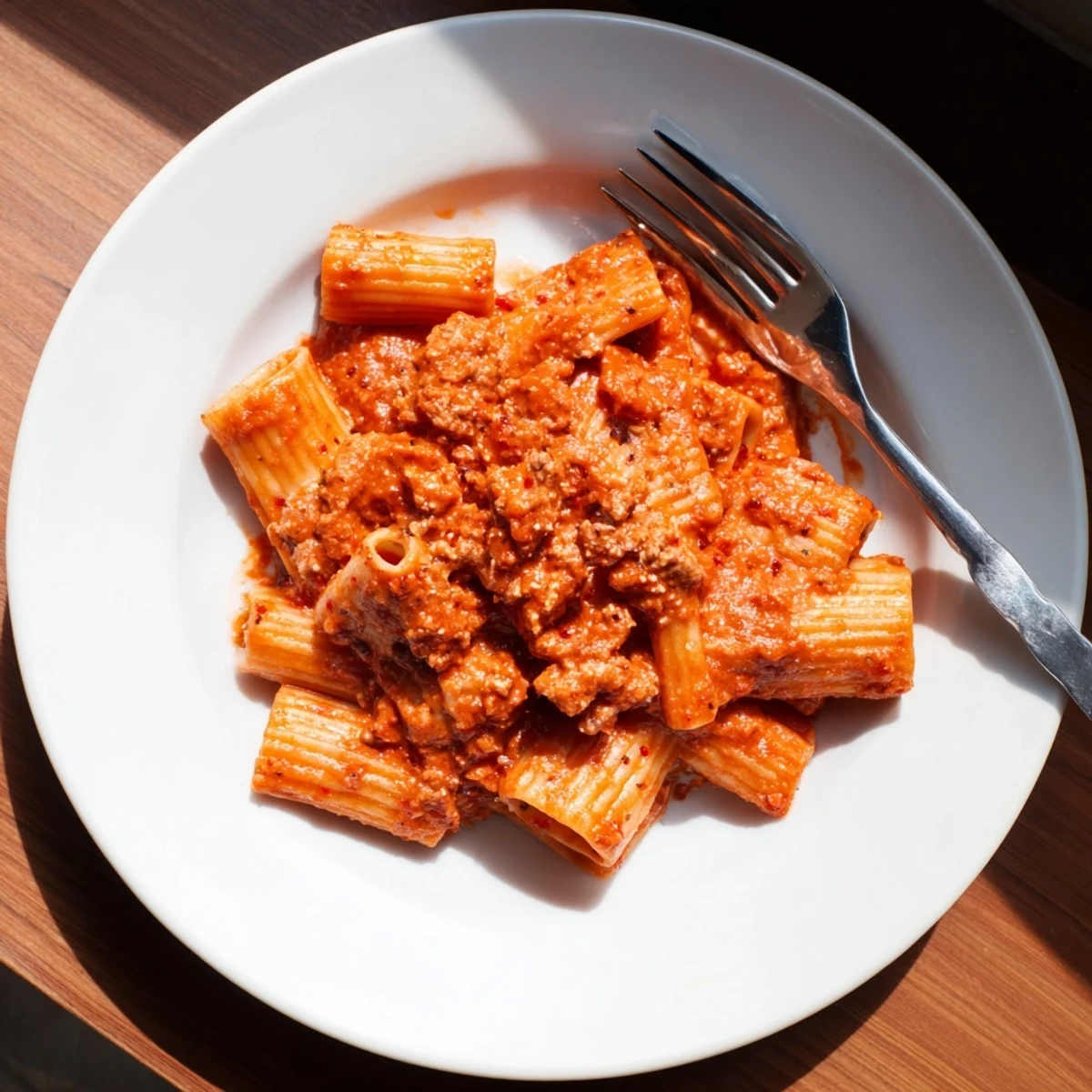 Golden skillet of spicy rigatoni pasta tossed in creamy tomato sauce, with a side of garlic bread and extra Parmesan for serving.