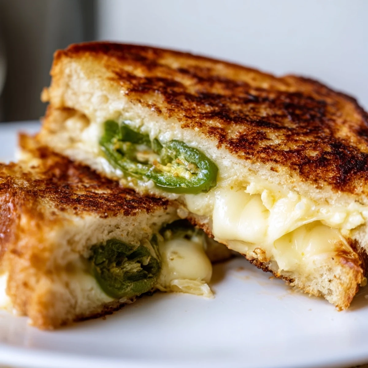 A close-up of golden, crispy Jalapeño Havarti Grilled Cheese slices on a wooden board, melted cheese pulling apart with bright jalapeño pieces visible.
