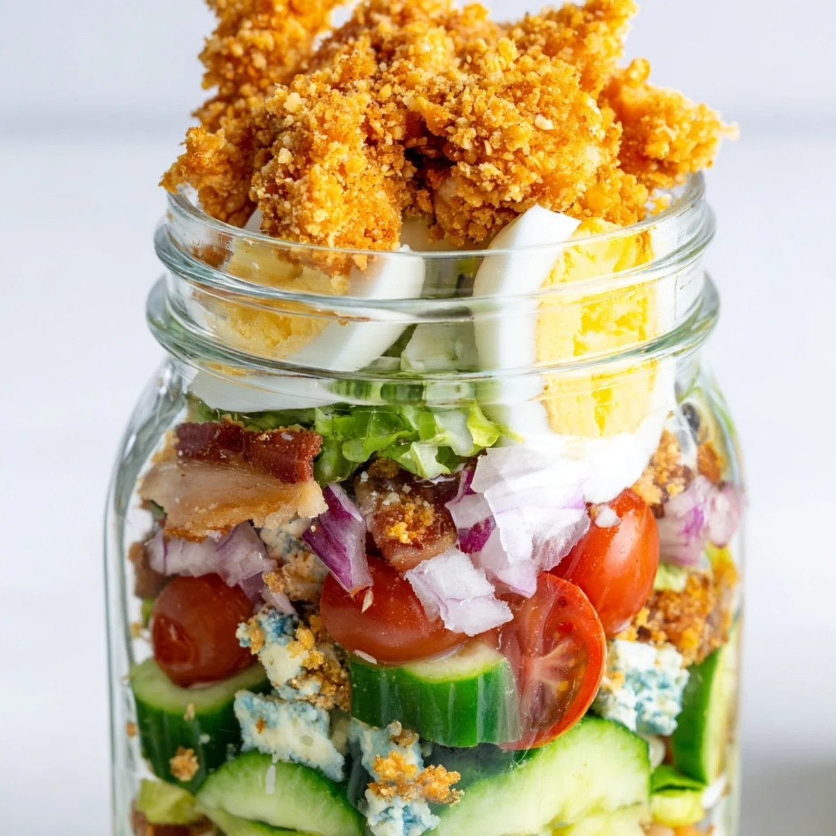 Crispy Chicken Cobb Jar Salad perfect for on-the-go lunches, featuring crunchy romaine, diced avocado, cherry tomatoes, and a creamy homemade dressing.