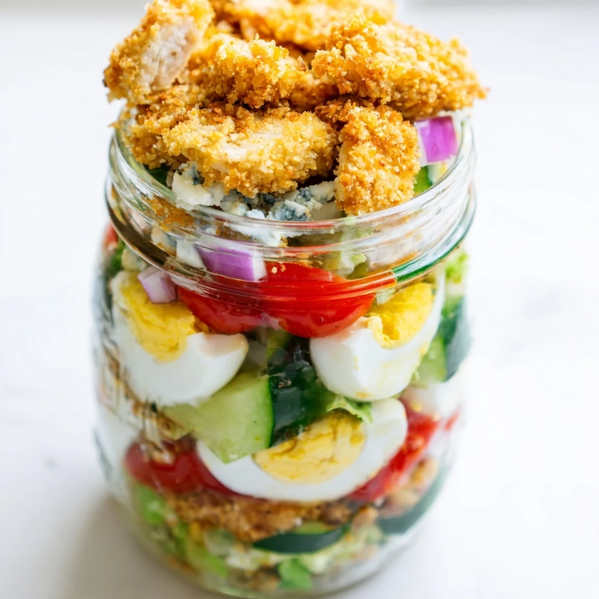 Grab-and-go Crispy Chicken Cobb Jar Salad filled with crunchy chicken, crisp bacon, creamy blue cheese, and fresh veggies for a satisfying gluten-free lunch.
