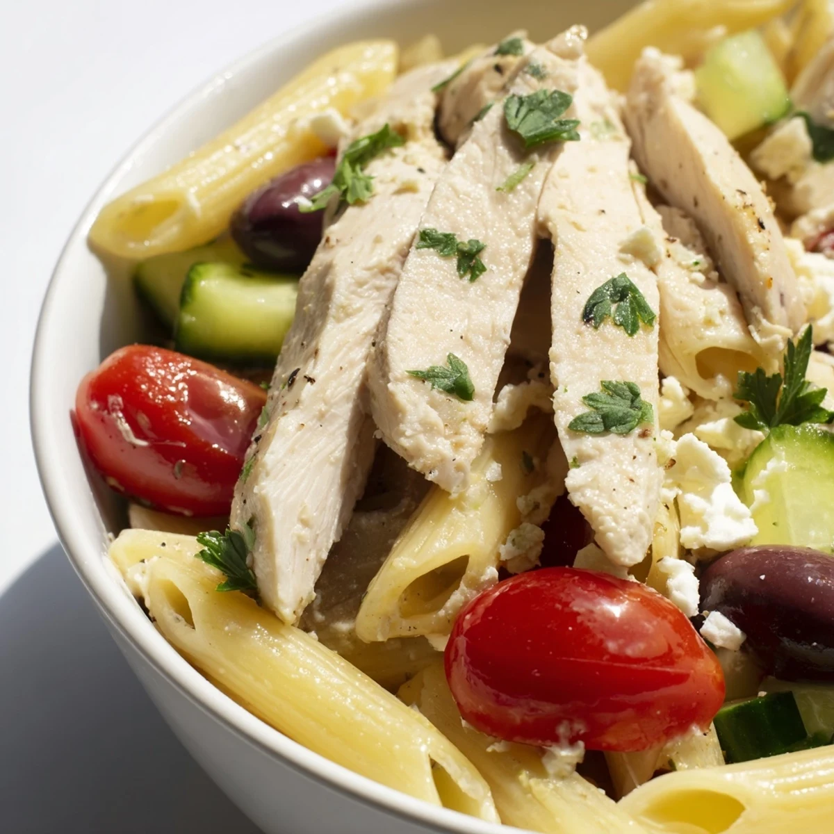 A vibrant Greek Chicken Pasta Bowl with tender lemony chicken, halved cherry tomatoes, diced cucumber, and crumbled feta on fusilli.