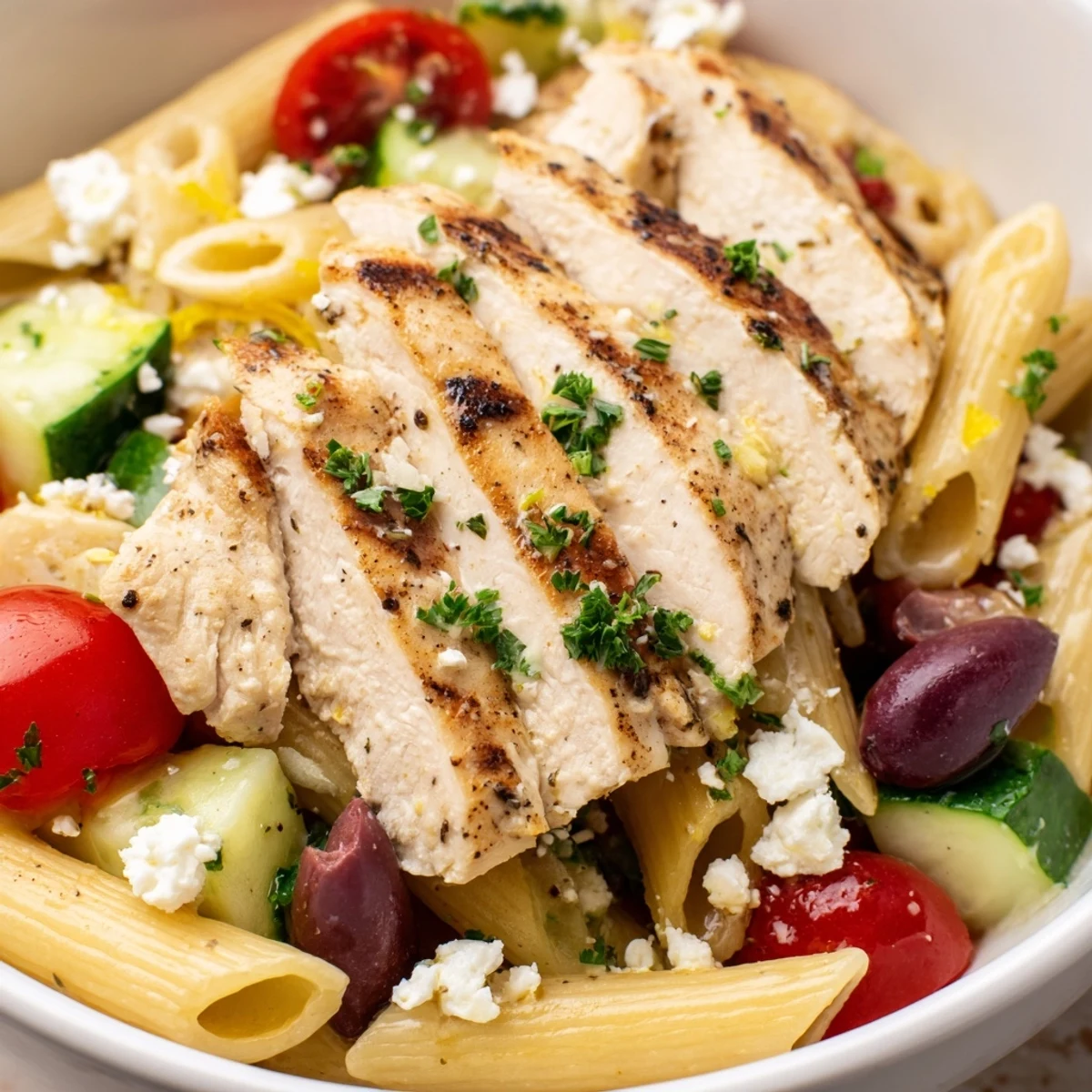 Lemon-herb chicken rests atop a colorful Greek Chicken Pasta Bowl with red onion, cucumbers, and tomatoes for a bright meal.