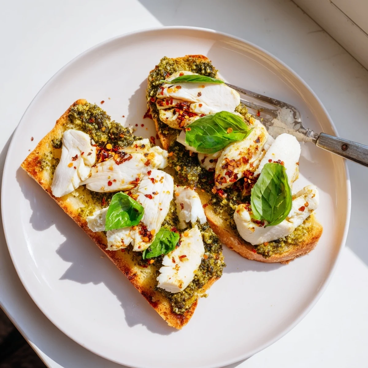 Golden toasted sourdough spread with vibrant green pesto, topped with tender chicken slices and creamy burrata, garnished with fresh basil.  