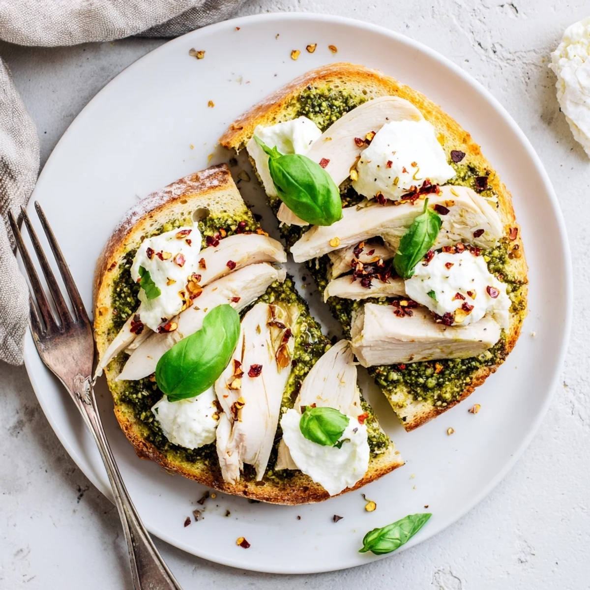 A close-up of Pesto Chicken Burrata Toast with melted cheese and juicy chicken on crispy bread, perfect for a light Italian-inspired meal.  