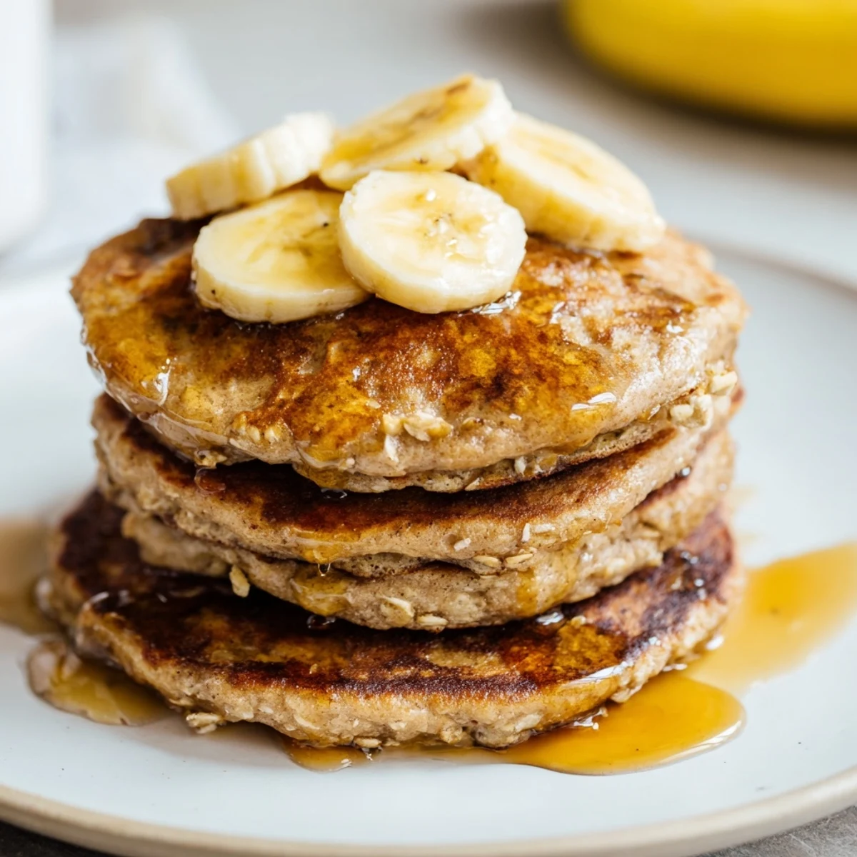 Golden-brown Banana Oat Pancakes stacked high, topped with sliced bananas and a drizzle of pure maple syrup for a wholesome breakfast.  