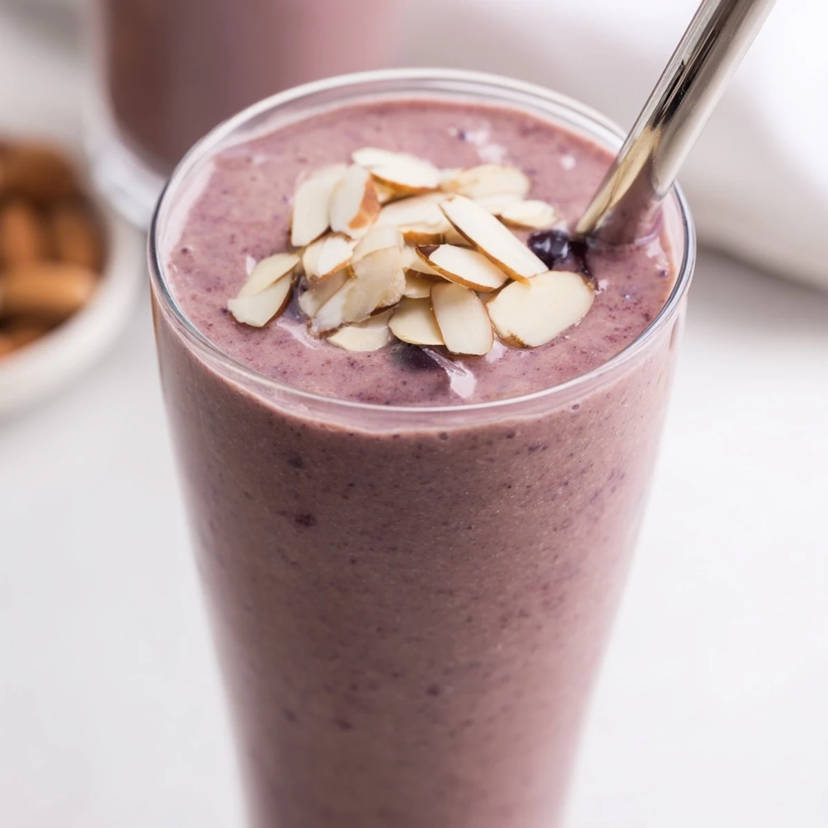 Thick, vibrant Cherry Almond Smoothie in a glass, topped with sliced almonds and fresh cherries for a creamy, refreshing breakfast.