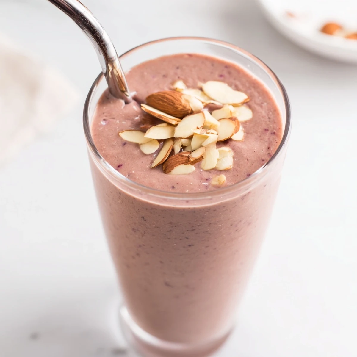 In a bright kitchen, a creamy Cherry Almond Smoothie pours from a blender into a glass, showing off its rich red hue.