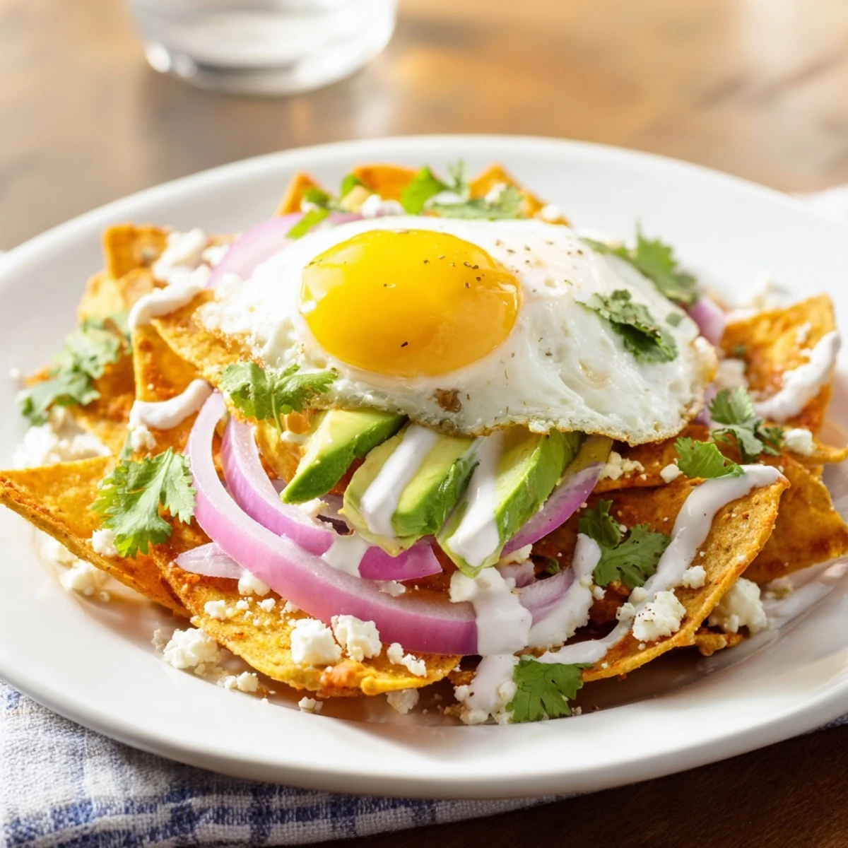 Crispy tortilla chips tossed in zesty salsa verde, topped with a runny egg, crumbled queso fresco, red onion, and fresh cilantro on a rustic plate.  