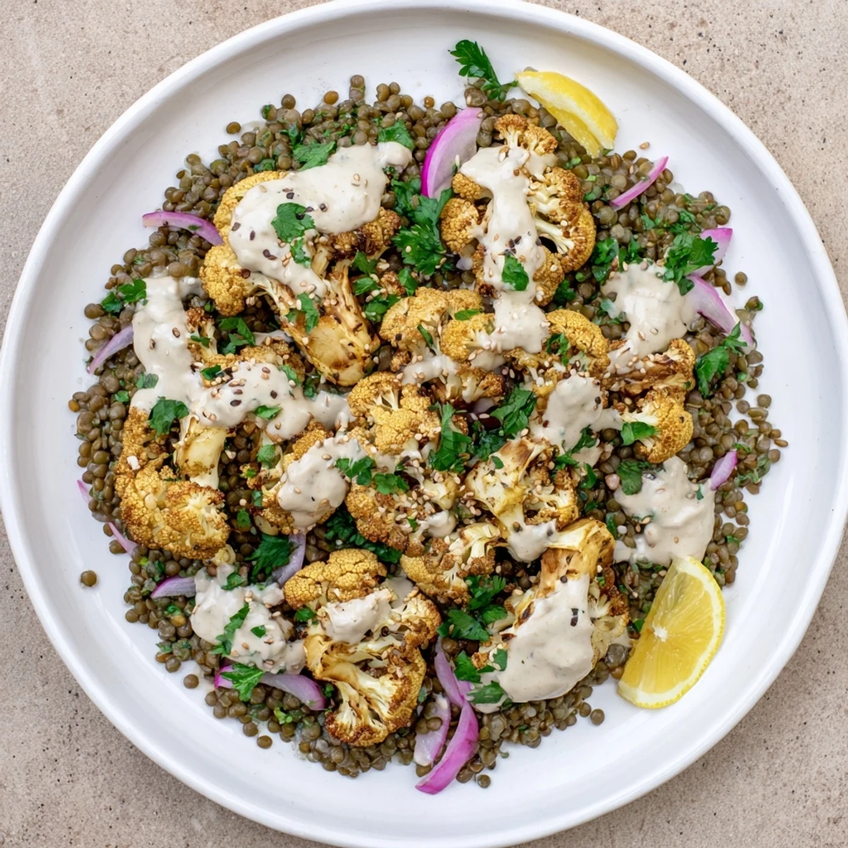 Golden roasted cauliflower florets with a crispy edge sit atop a vibrant bed of lemony lentils, garnished with fresh parsley and drizzled with creamy cumin tahini yogurt.