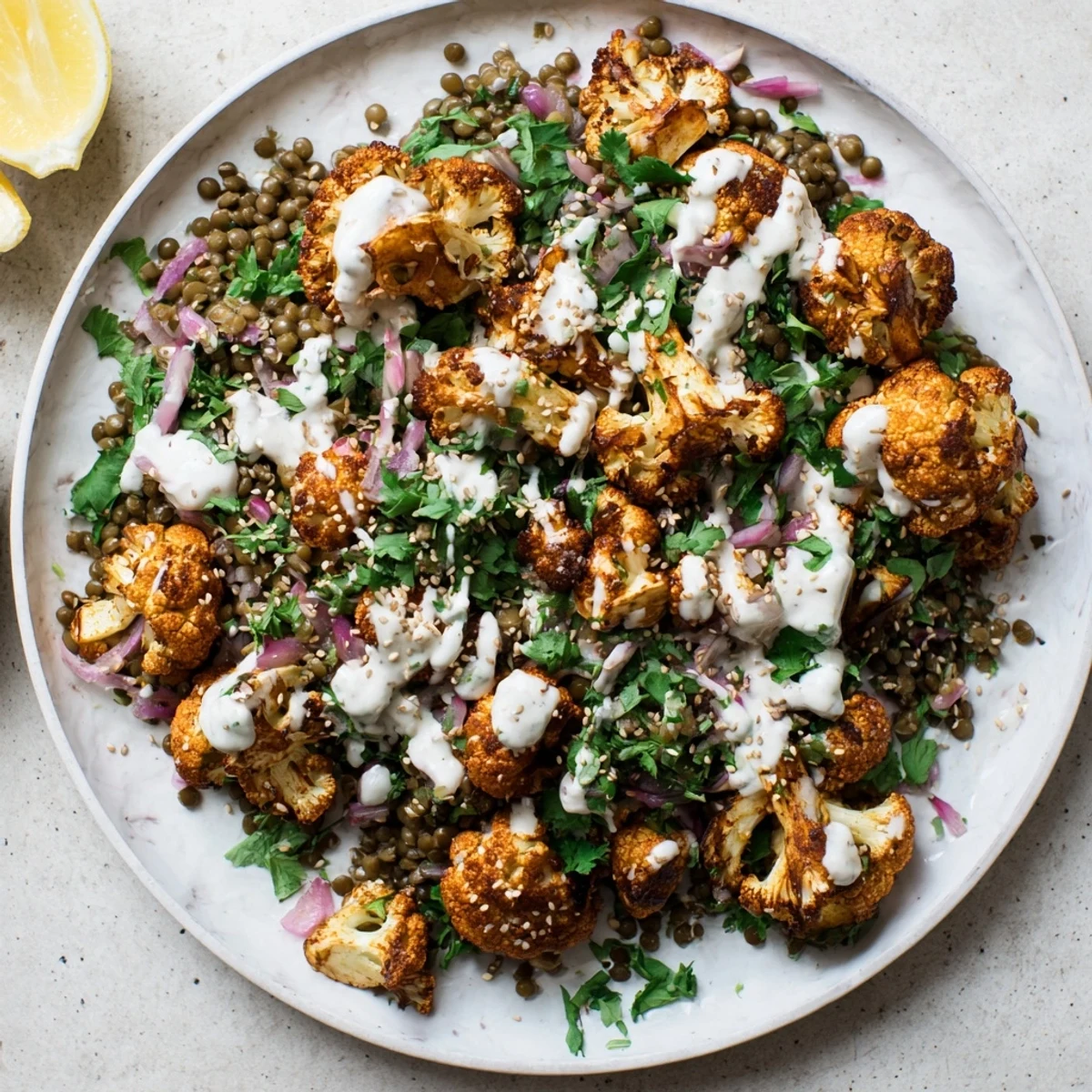 Roasted Cauliflower Lemon Lentil Cumin