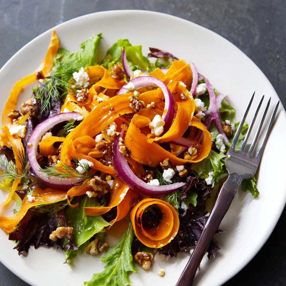 Tender Roasted Carrot Ribbon Salad served on a white plate, garnished with fresh herbs and toasted pecans for crunch.