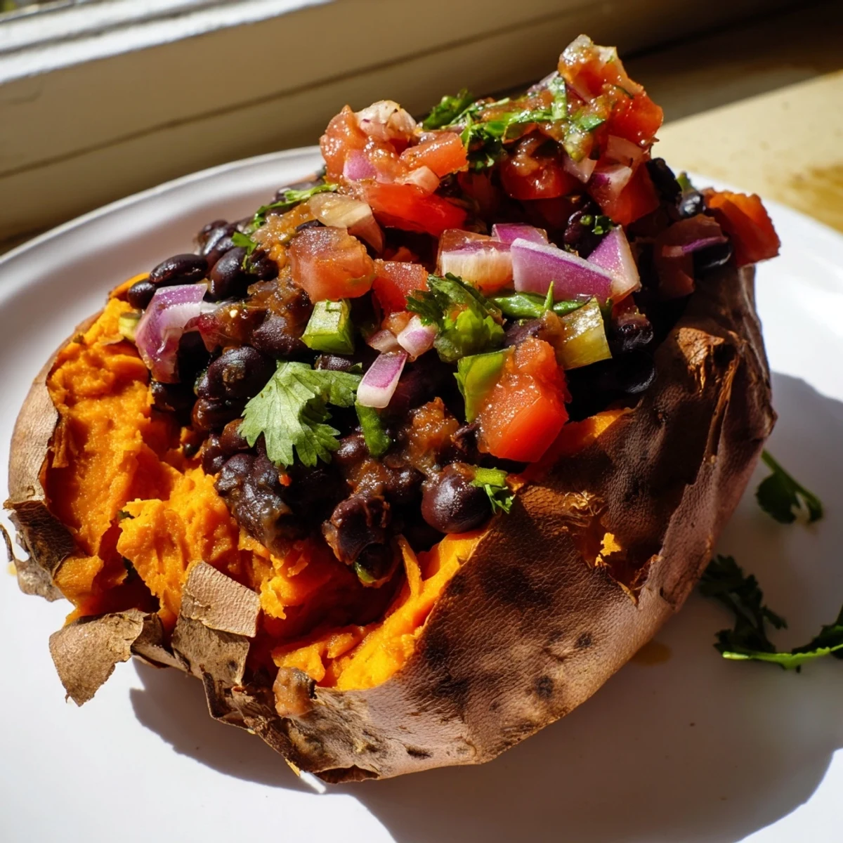 Golden roasted sweet potatoes split open to reveal fluffy orange flesh, smothered in smoky chipotle black beans and topped with fresh tomato salsa.