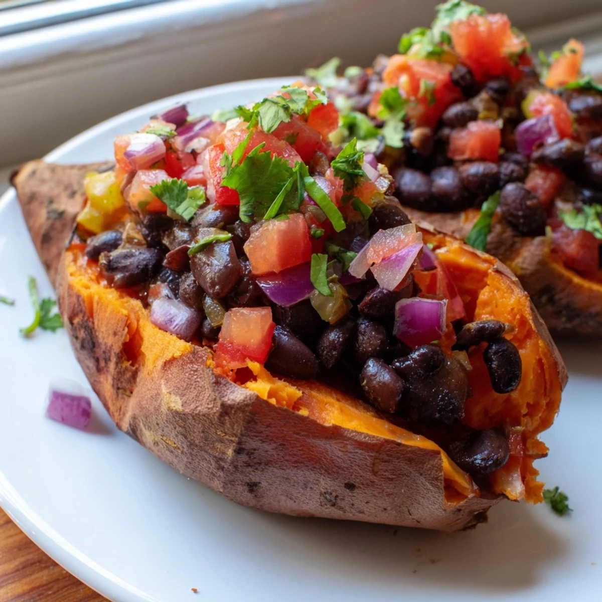 A wholesome plated meal of roasted sweet potatoes with chipotle black beans, zesty tomato salsa, and creamy avocado slices for a fiber-rich dinner.