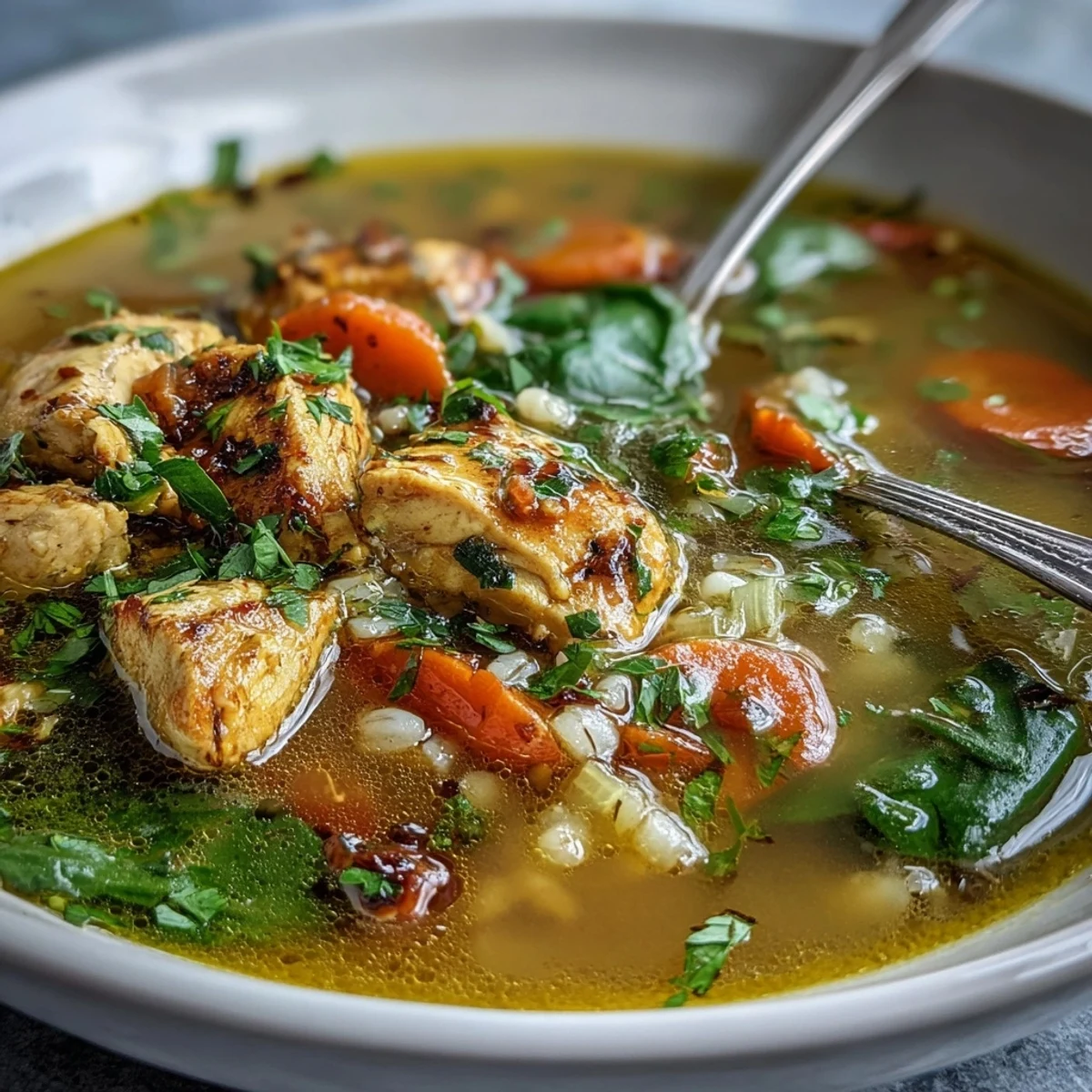Hearty bowls of Soothing Turmeric Chicken With Pearl Barley feature golden broth, tender chicken, carrots, and fresh parsley garnish.