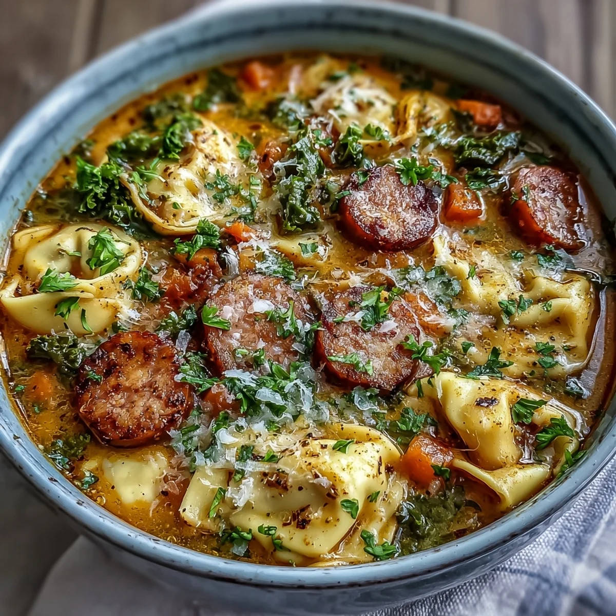 Close-up of Pumpkin Tortellini Soup featuring cheesy tortellini, sliced chicken sausage, and vibrant green kale in a creamy, golden broth.