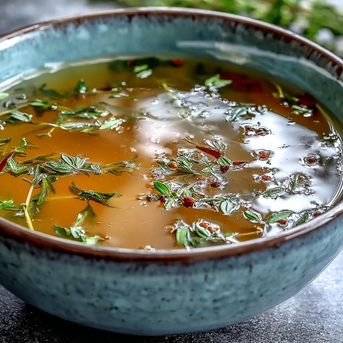 Ready to serve Vegetable Broth From Scraps garnished with fresh thyme sprigs.