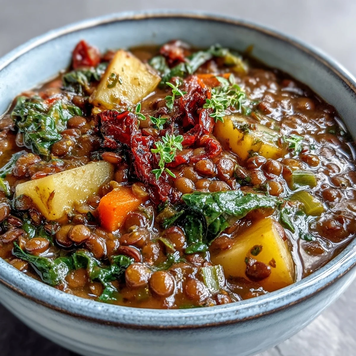 Steaming bowls of Vegetarian Lentil Stew, packed with tender lentils and vibrant vegetables.