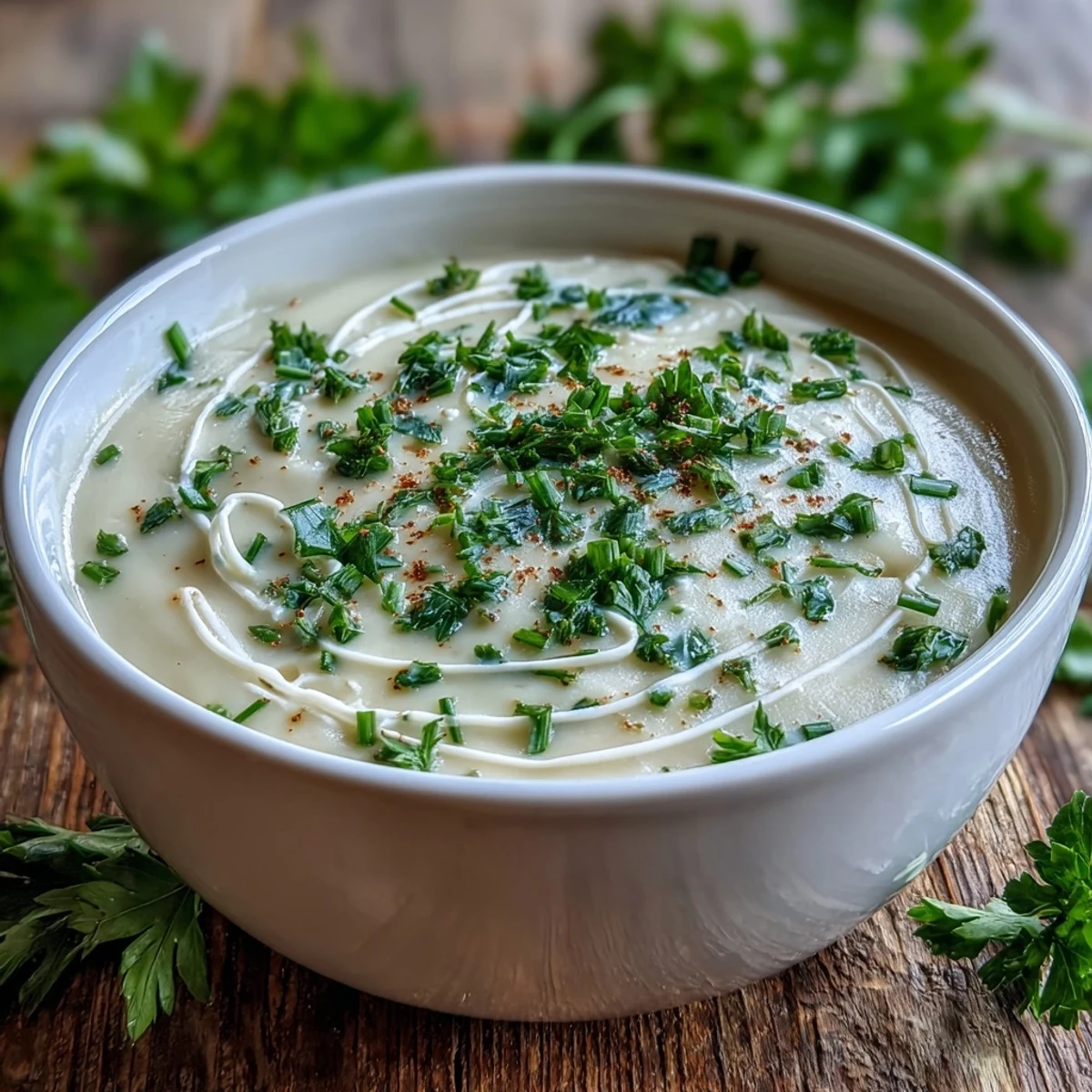 Creamy Celery Root Bisque in a rustic white bowl, garnished with fresh chives and a swirl of rich cream.