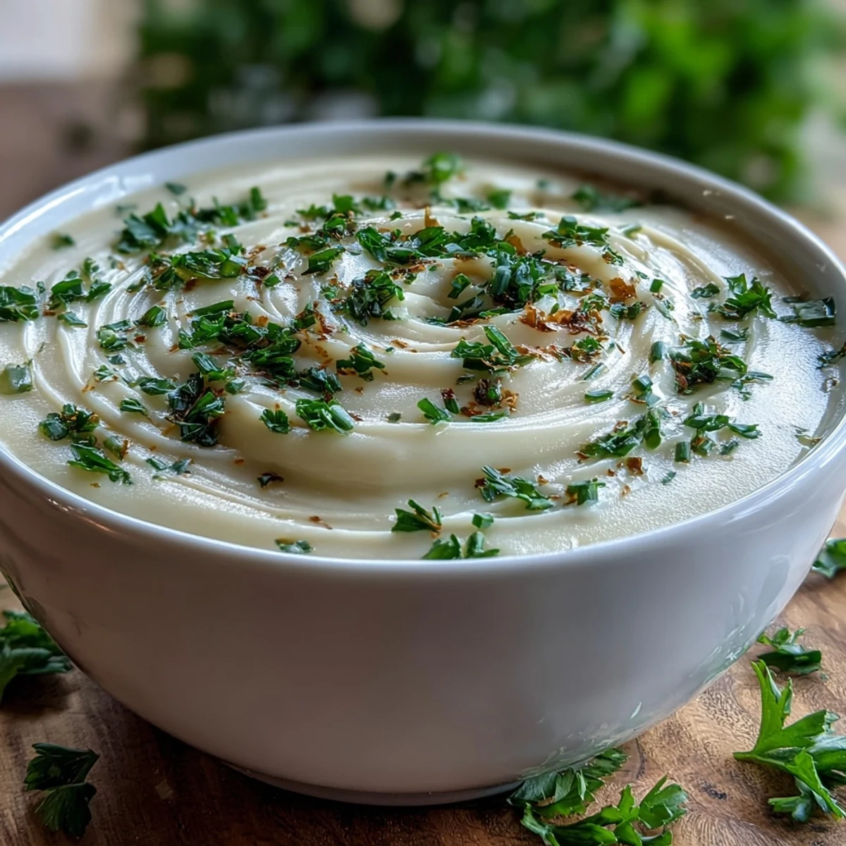 Warm bowl of Creamy Celery Root Bisque, an elegant French soup with a velvety, pale green texture.