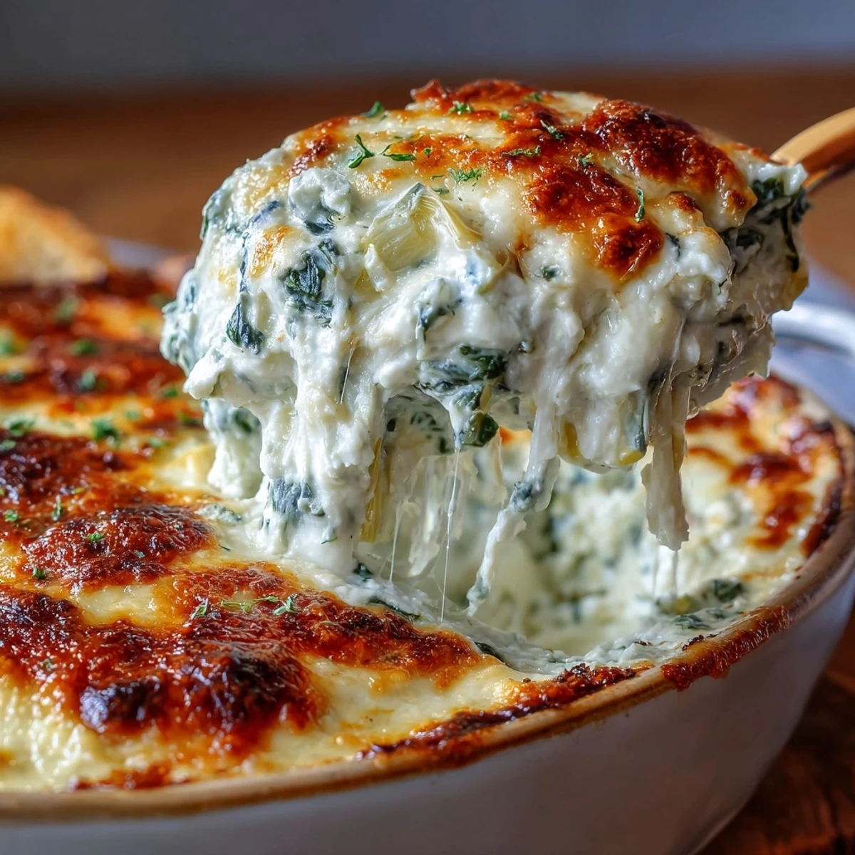Golden spinach artichoke dip bubbling from a 1-quart baking dish, topped with melted mozzarella, served warm with tortilla chips for dipping.