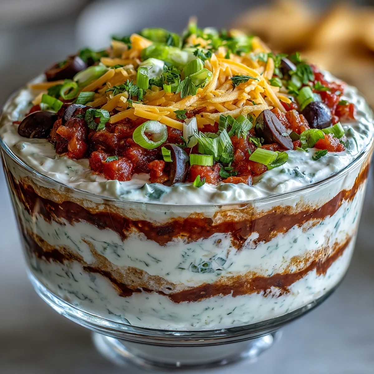 Creamy 4-Way Layered Dip in a glass dish with colorful toppings like cheddar cheese, olives, green onions, and chopped tomatoes.