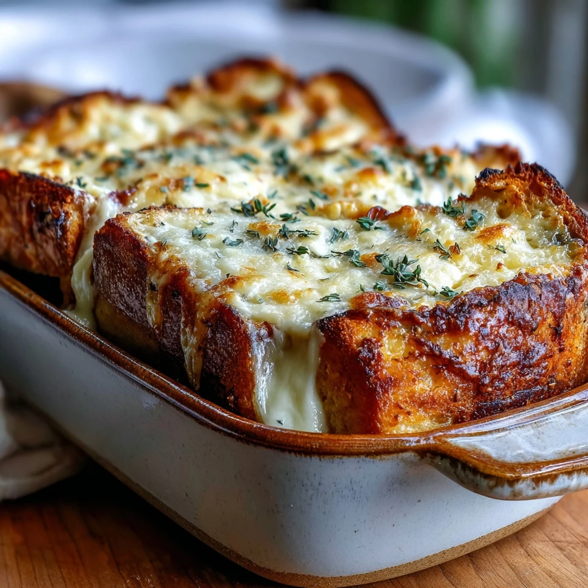Serving suggestion for Croque Monsieur Casserole, a French-inspired dish with ham and melted cheese, ideal for a family dinner.