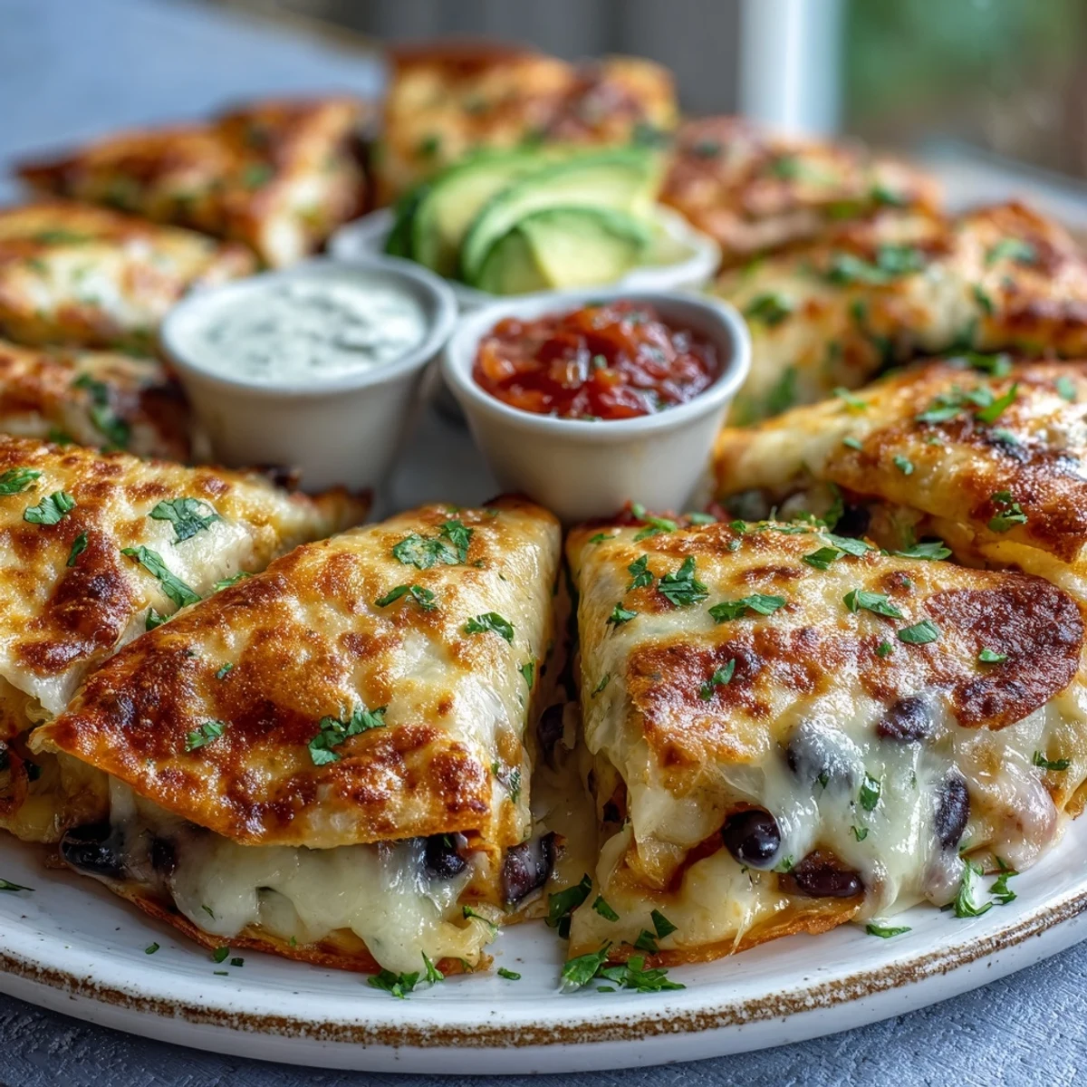 A golden baked Blooming Quesadilla Ring with melted cheese and black beans arranged like a flower for dipping.