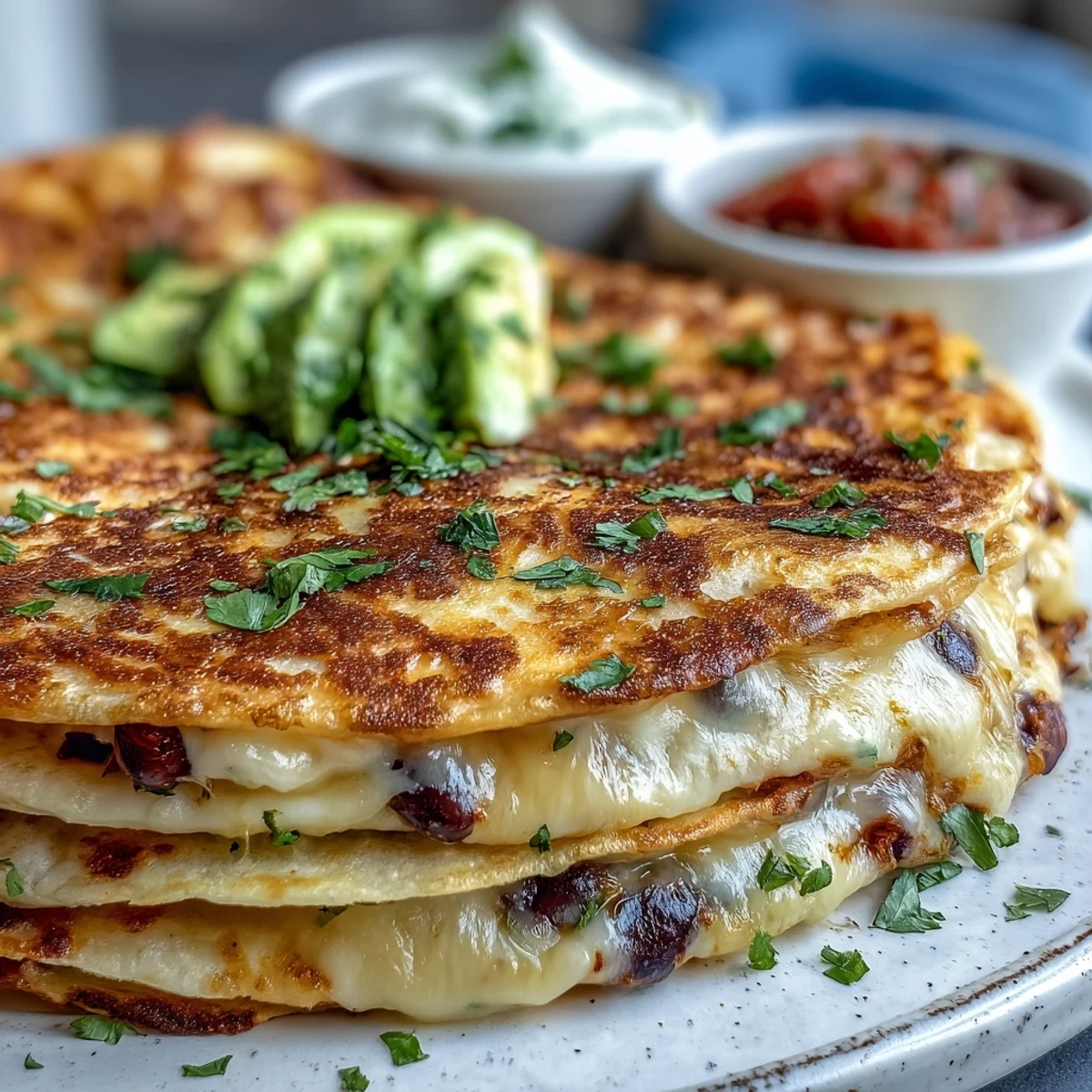 A fully baked Blooming Quesadilla Ring with crispy tortilla triangles, black beans, peppers, and fresh cilantro garnish.