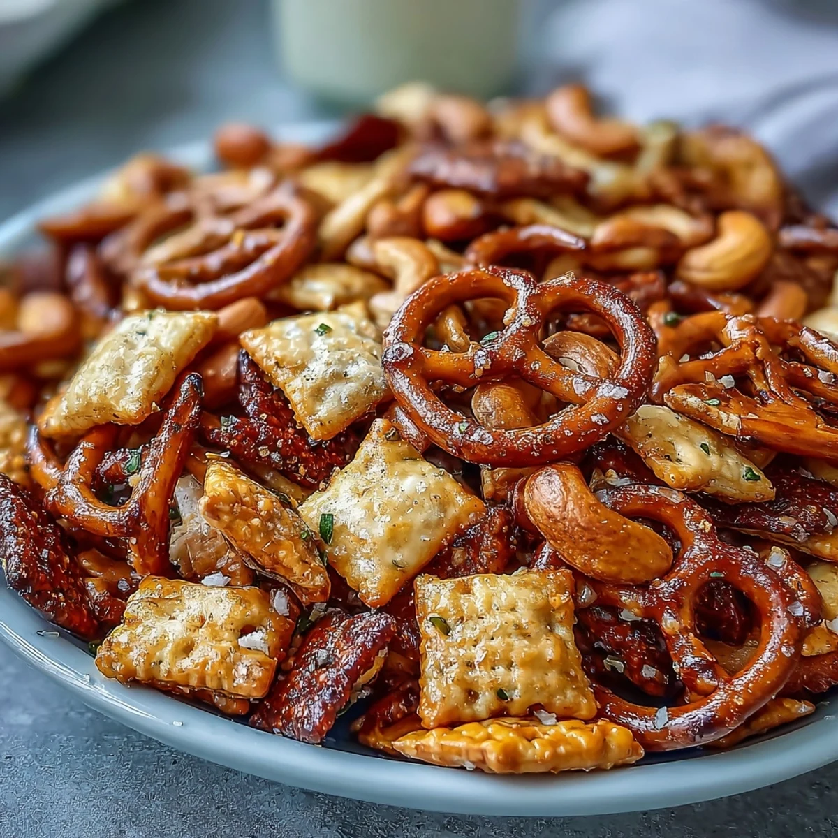 Golden-baked Everything Ranch Cheese and Pretzel Snack Mix piled high on a parchment-lined sheet, featuring toasted pretzels, cheddar crackers, and cashews.