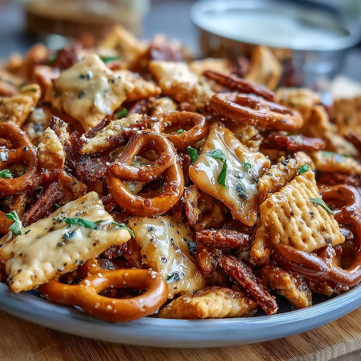 Warm Everything Ranch Cheese and Pretzel Snack Mix served in a rustic wooden bowl, garnished with fresh parsley for a party-ready snack.