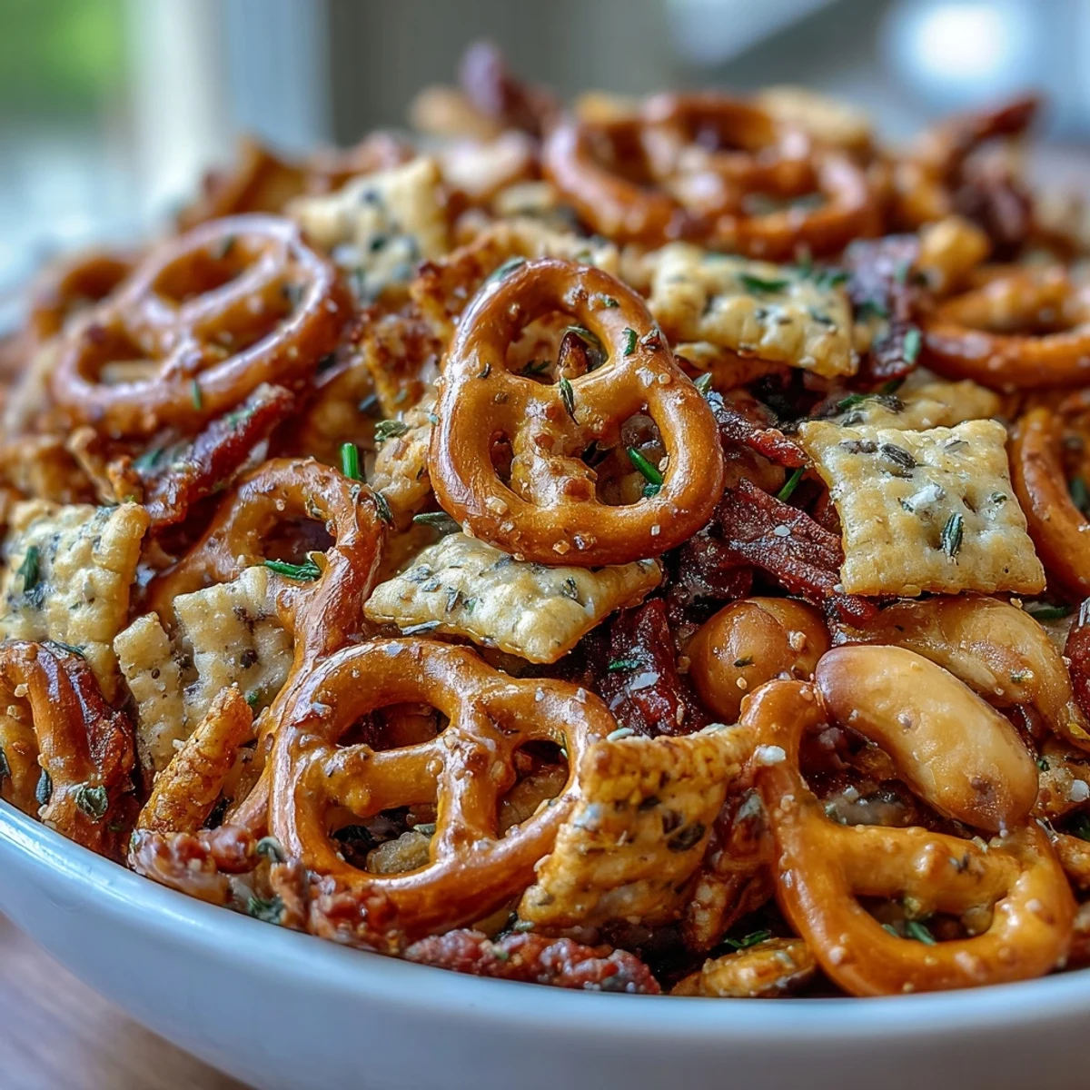 Close-up of Everything Ranch Cheese and Pretzel Snack Mix showcasing seasoned pretzels and cheesy crackers glistening with melted butter and spices.