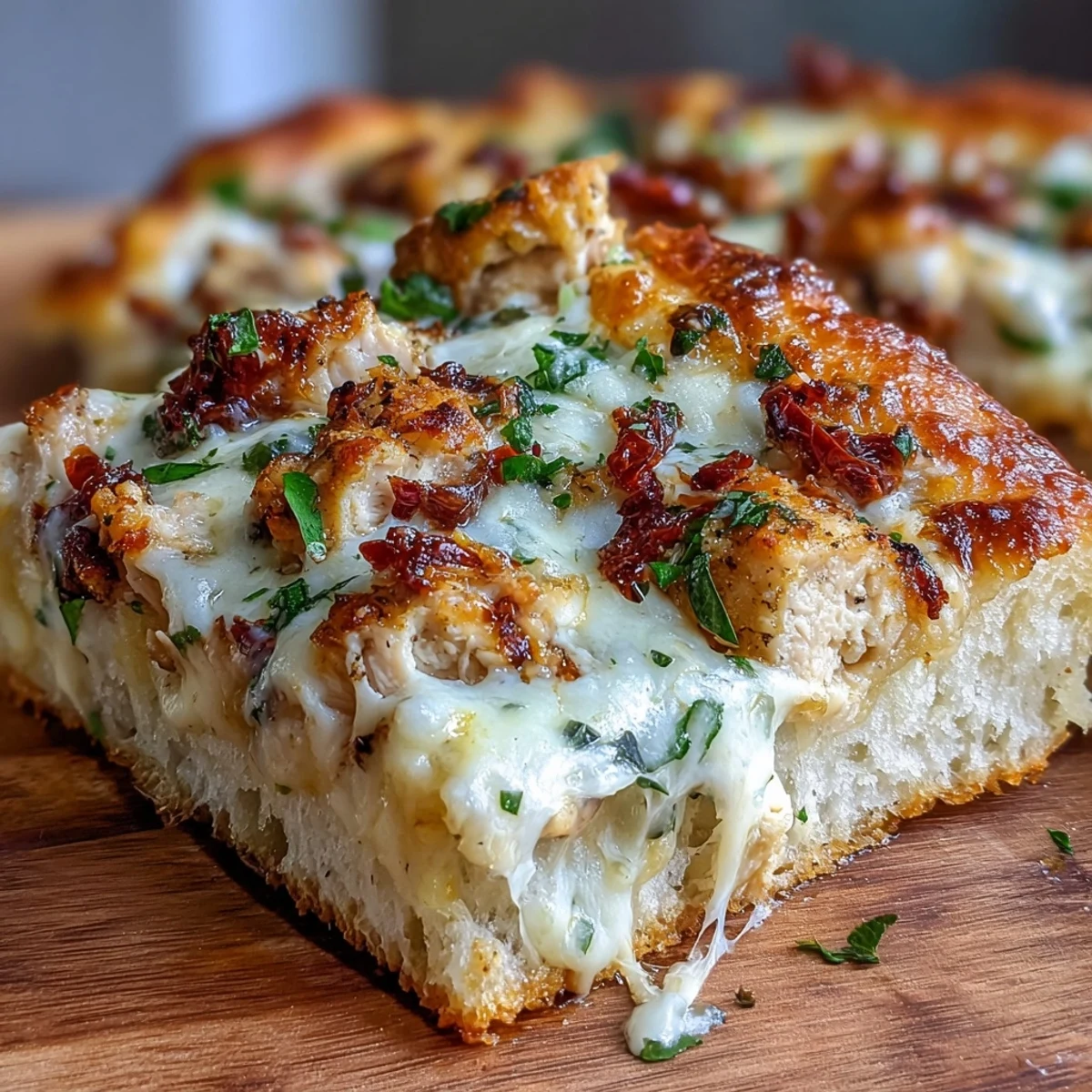 A slice of creamy Marry Me Chicken Pizza showcases the rich Parmesan sauce, tender diced chicken, and vibrant herbs.