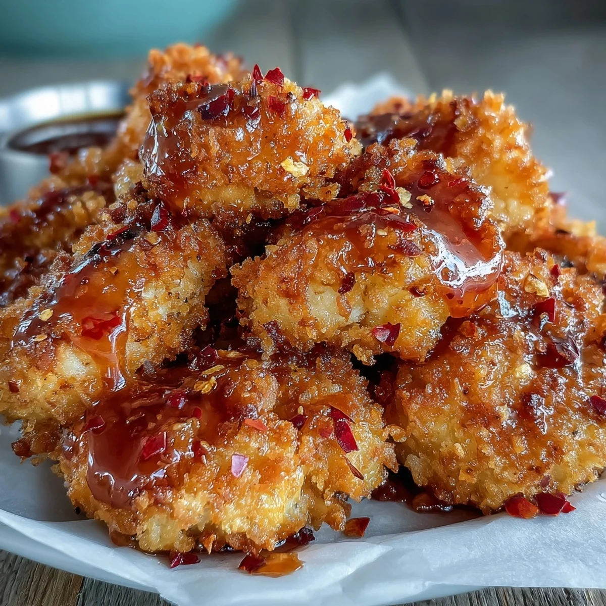 Golden-brown, crispy baked hot honey cauliflower florets glistening with a spicy-sweet glaze on a rustic platter.