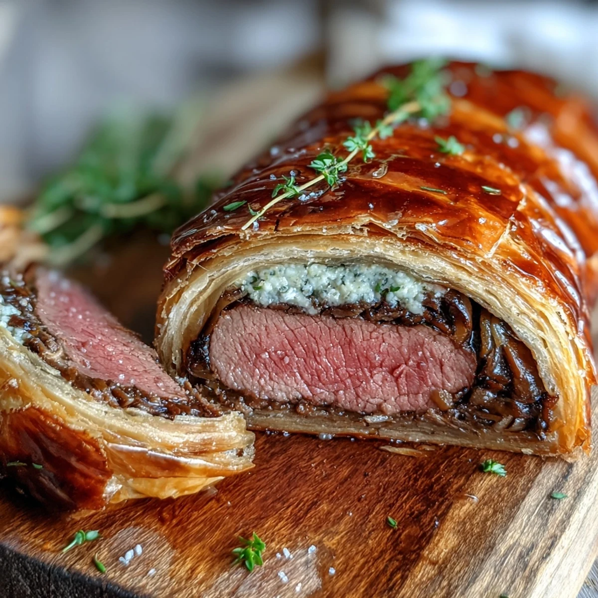 A beautifully baked Beef Wellington sliced to reveal tender, pink beef inside and golden, flaky puff pastry layers.