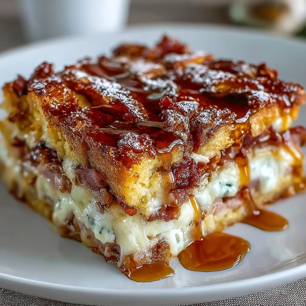 Freshly baked Monte Cristo Breakfast Casserole with golden brown top, powdered sugar, and maple syrup drizzle.