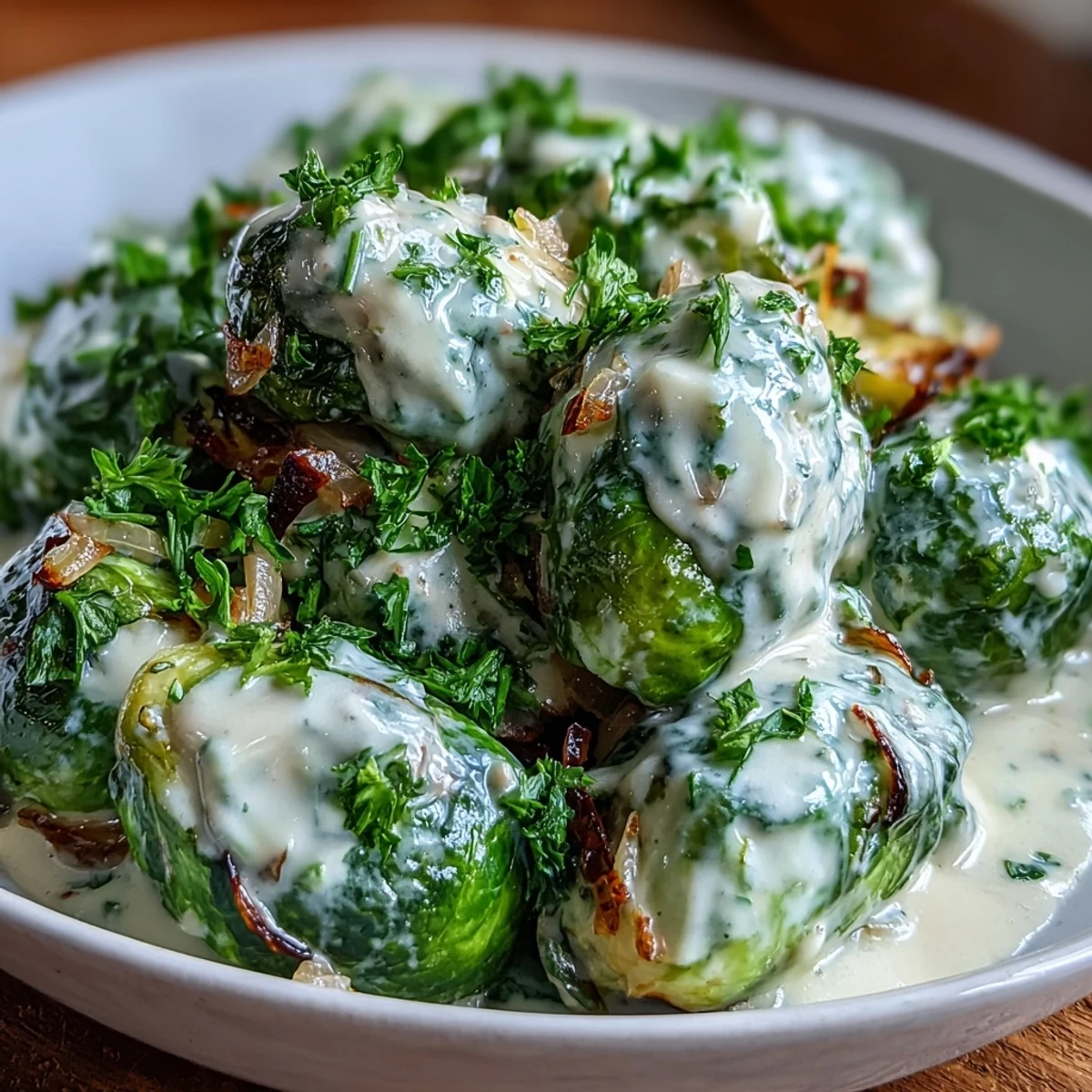 Garnished with fresh parsley, Brussels Sprouts in Cream Cheese-Mustard Sauce are served warm from a skillet with a rich, velvety texture.