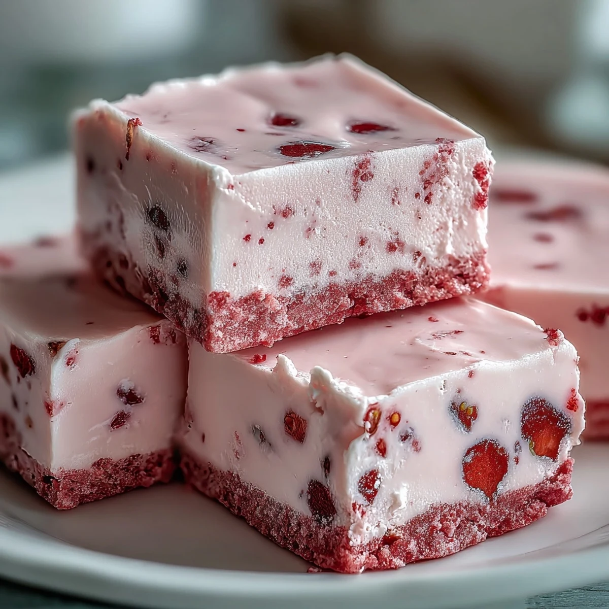 Vibrant pink No-Bake Strawberry Fudge Squares sit on a chilled plate, garnished with fresh strawberry slices.