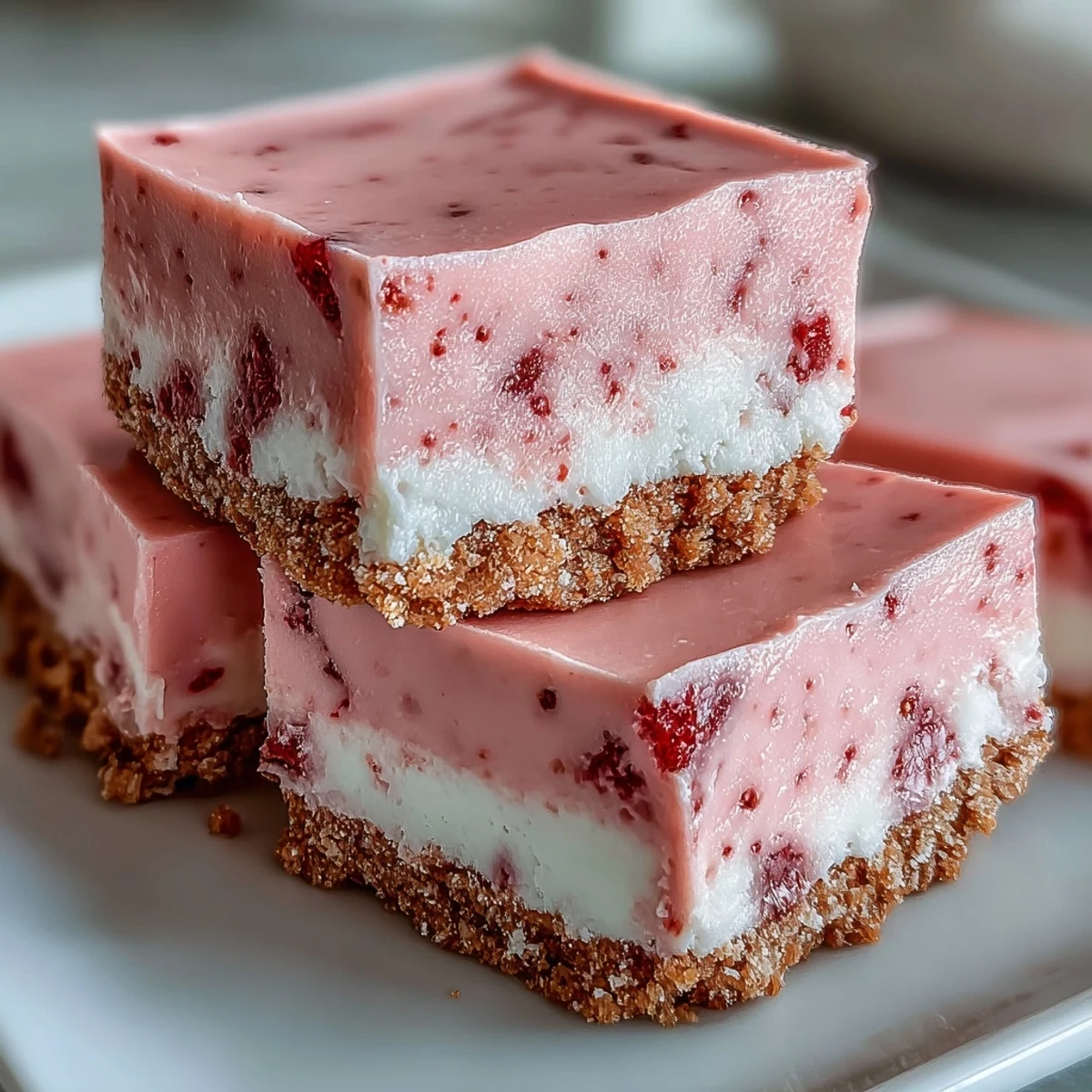 A hand lifts a creamy No-Bake Strawberry Fudge Square, revealing a crunchy graham cracker crust.