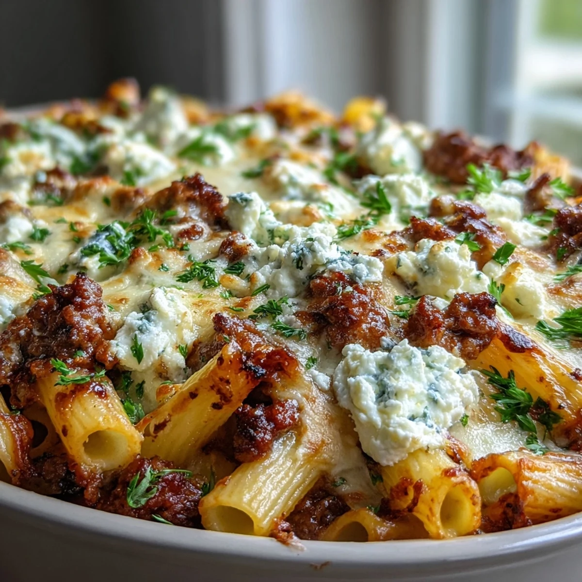 Steam rises from a cheesy Cottage Cheese Protein Pasta Bake with Ground Beef, revealing creamy cottage cheese and rich tomato sauce.