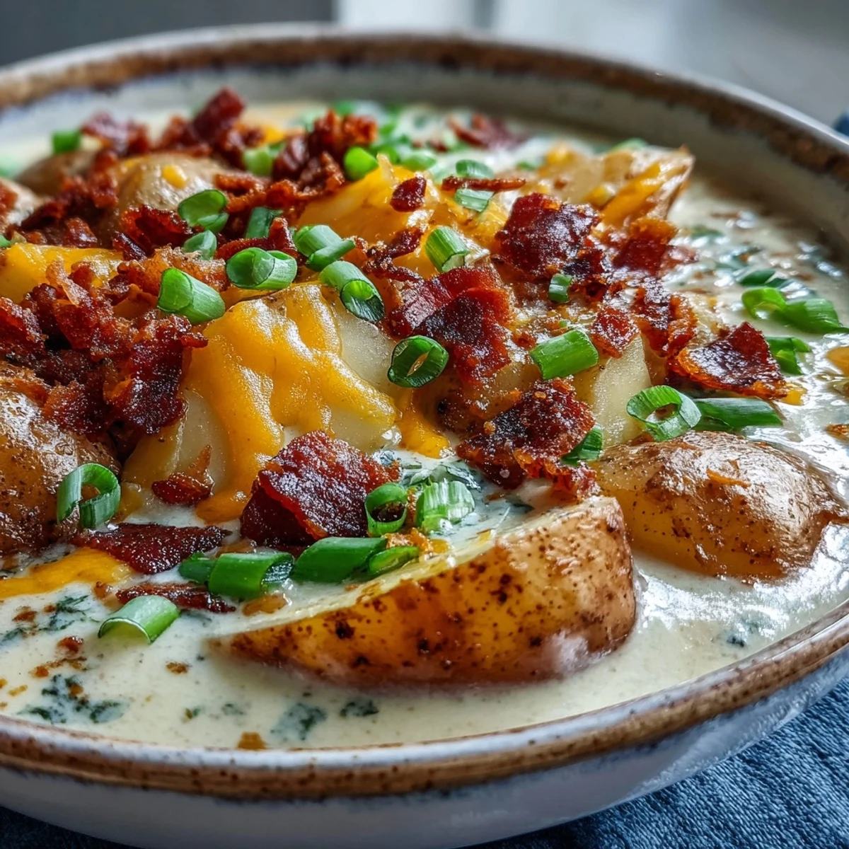 Comforting Loaded Potato Soup ladled into a rustic bowl, garnished with sour cream, cheese, and scallions.