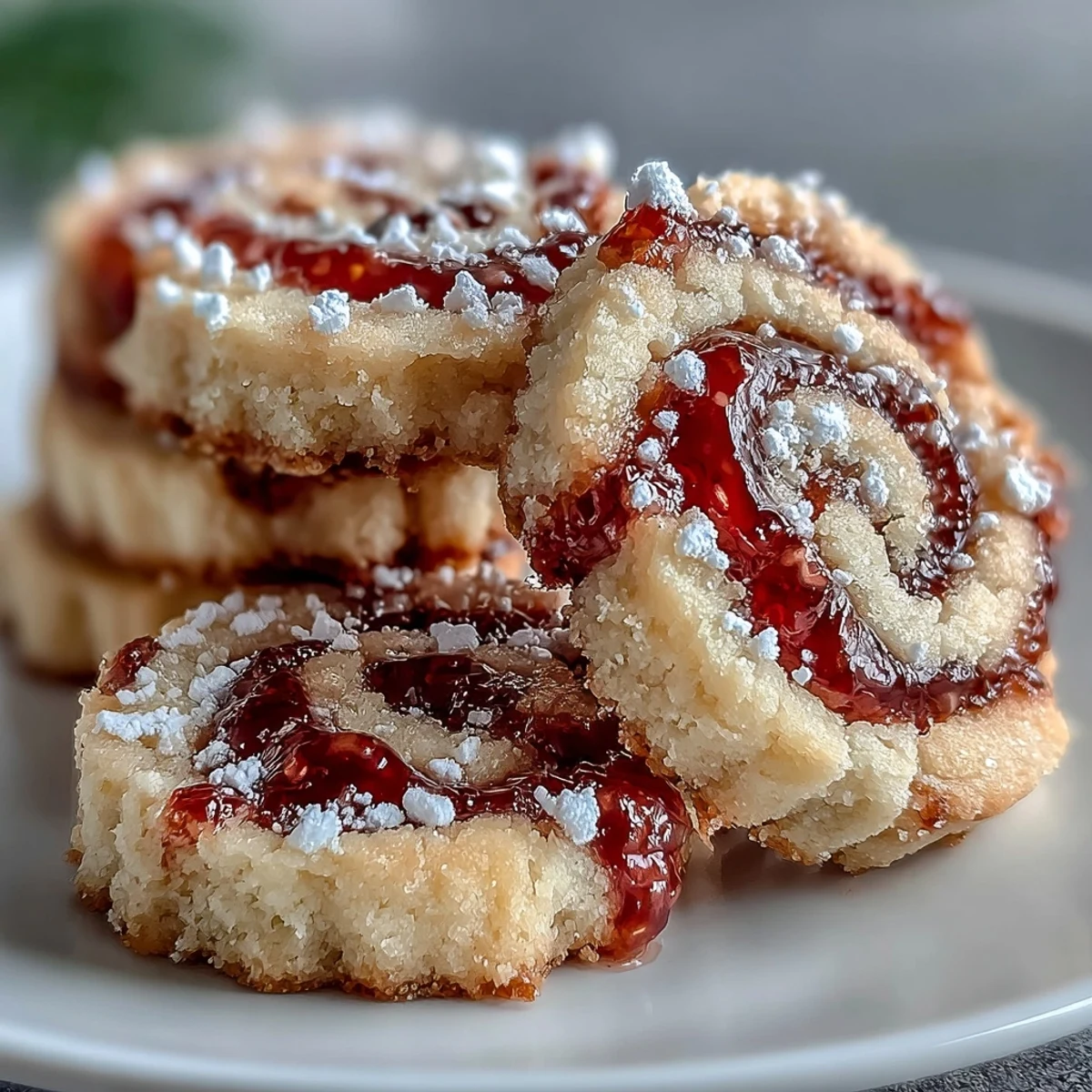 Raspberry Swirl Shortbread Cookies arranged on a wire rack with golden edges and a bright raspberry jam swirl. Perfect for afternoon tea.