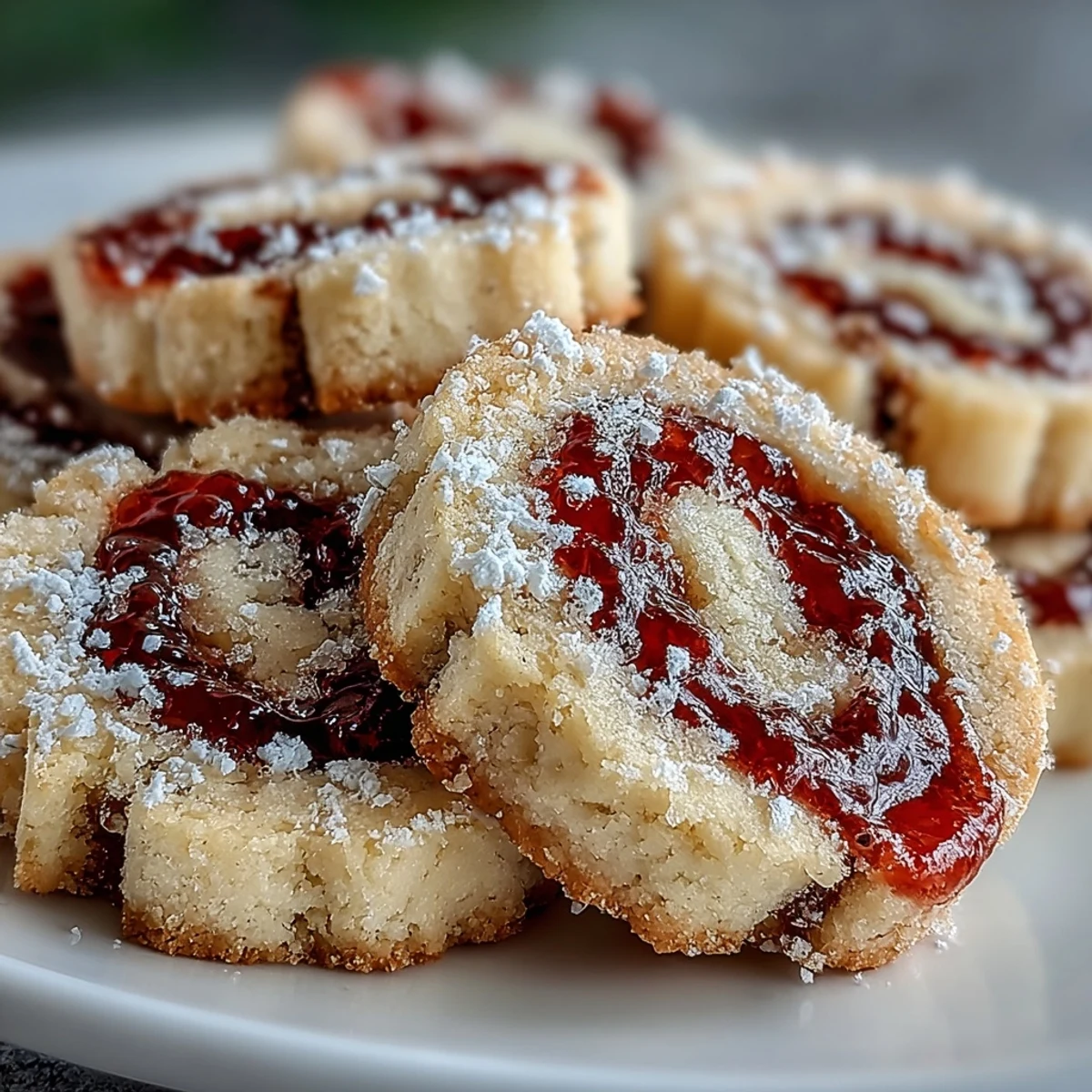 Close-up of Raspberry Swirl Shortbread Cookies showing tender centers, crisp edges, and a spoonful of tangy raspberry jam ready to serve.