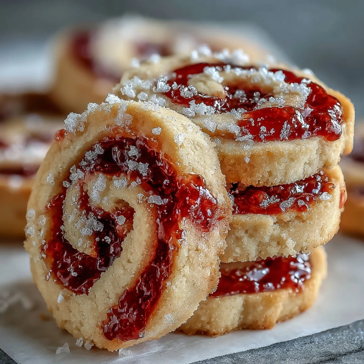 Freshly baked Raspberry Swirl Shortbread Cookies dusted with sugar, lined on parchment for a rustic homemade gift presentation.