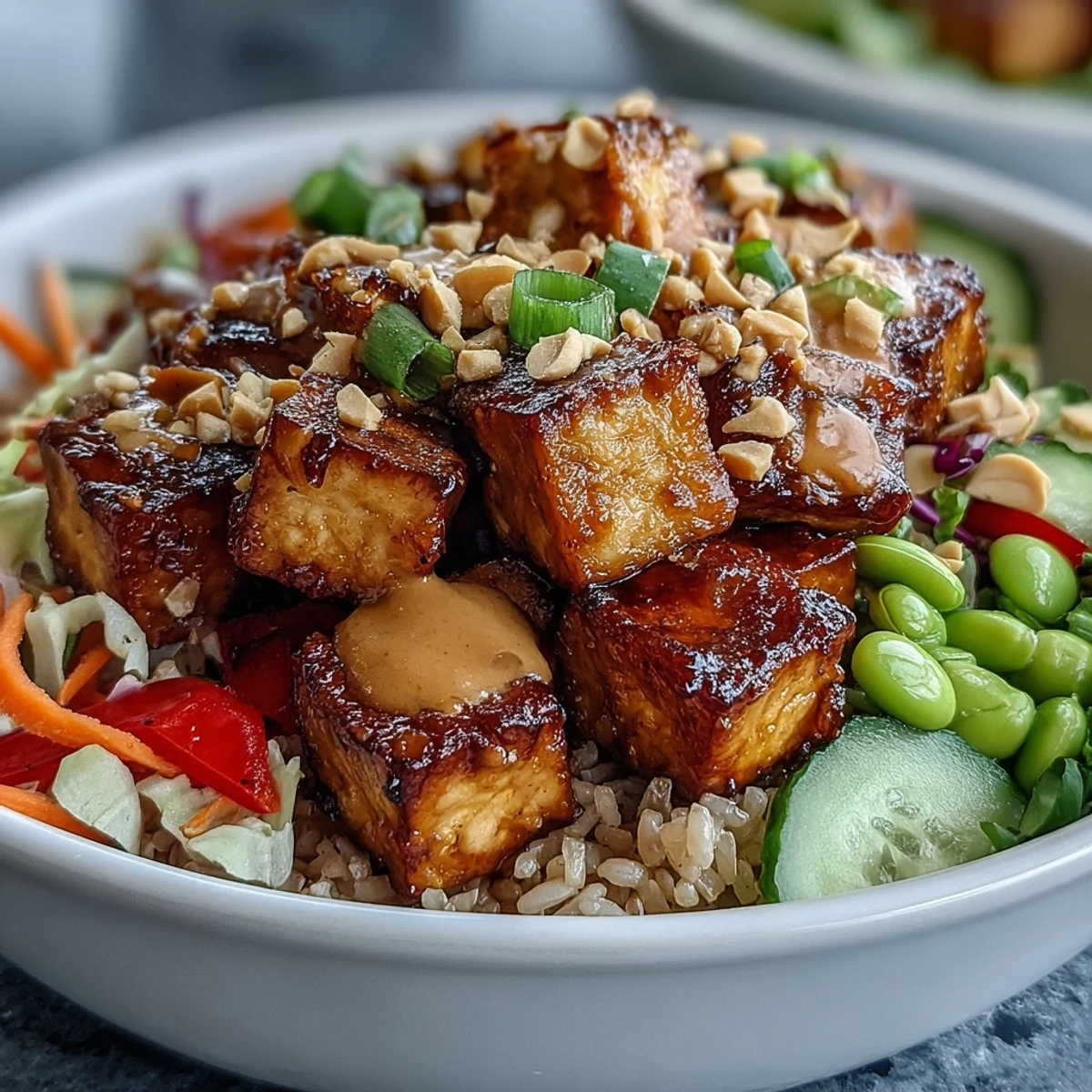 Gluten-free Peanut Tofu Power Bowl with edamame and sesame seeds, served in a white bowl for a colorful lunch.