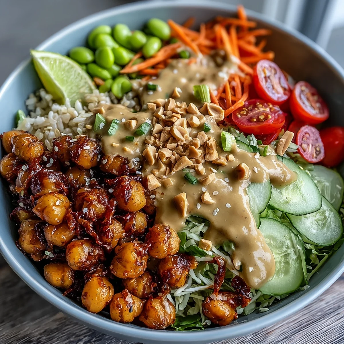 An overhead view of a Peanut Chickpea Protein Bowl with brown rice, edamame, and colorful shredded vegetables.
